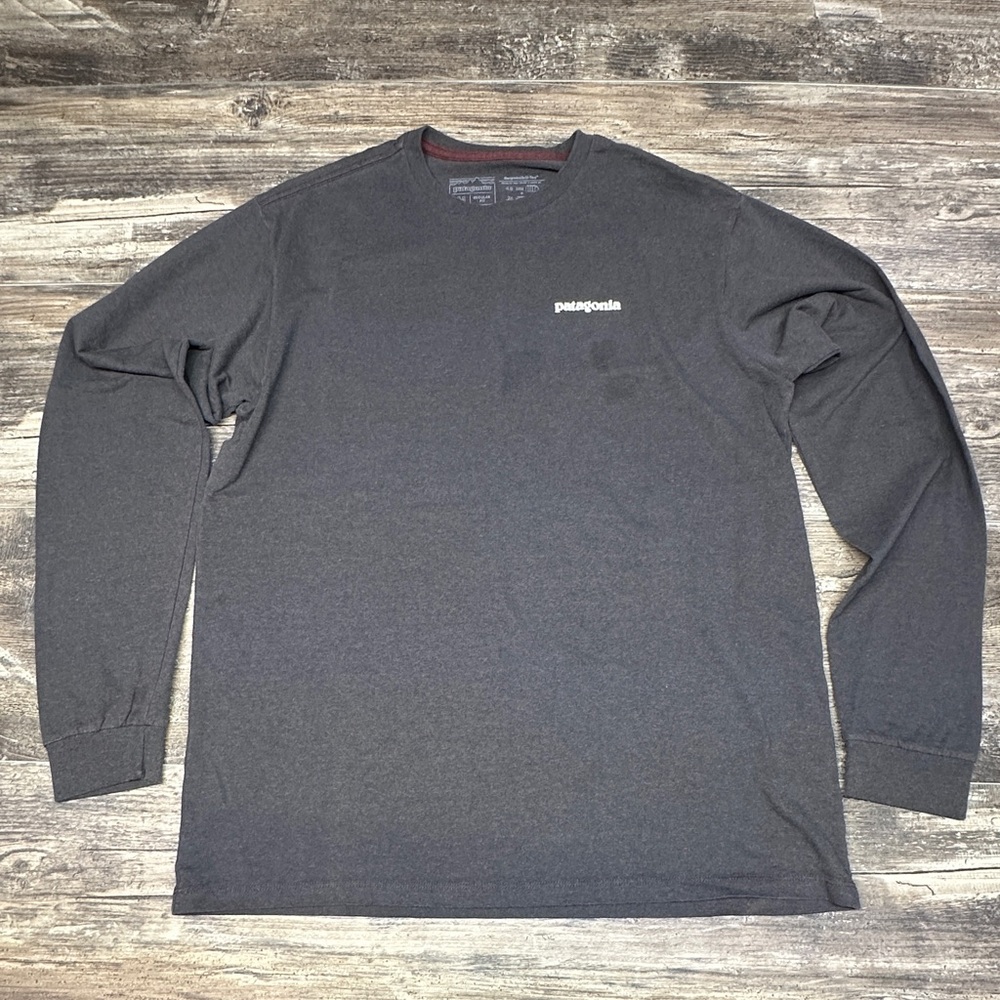 Patagonia Responsibili Tee Long Sleeve Shirt Gray Logo Back Medium